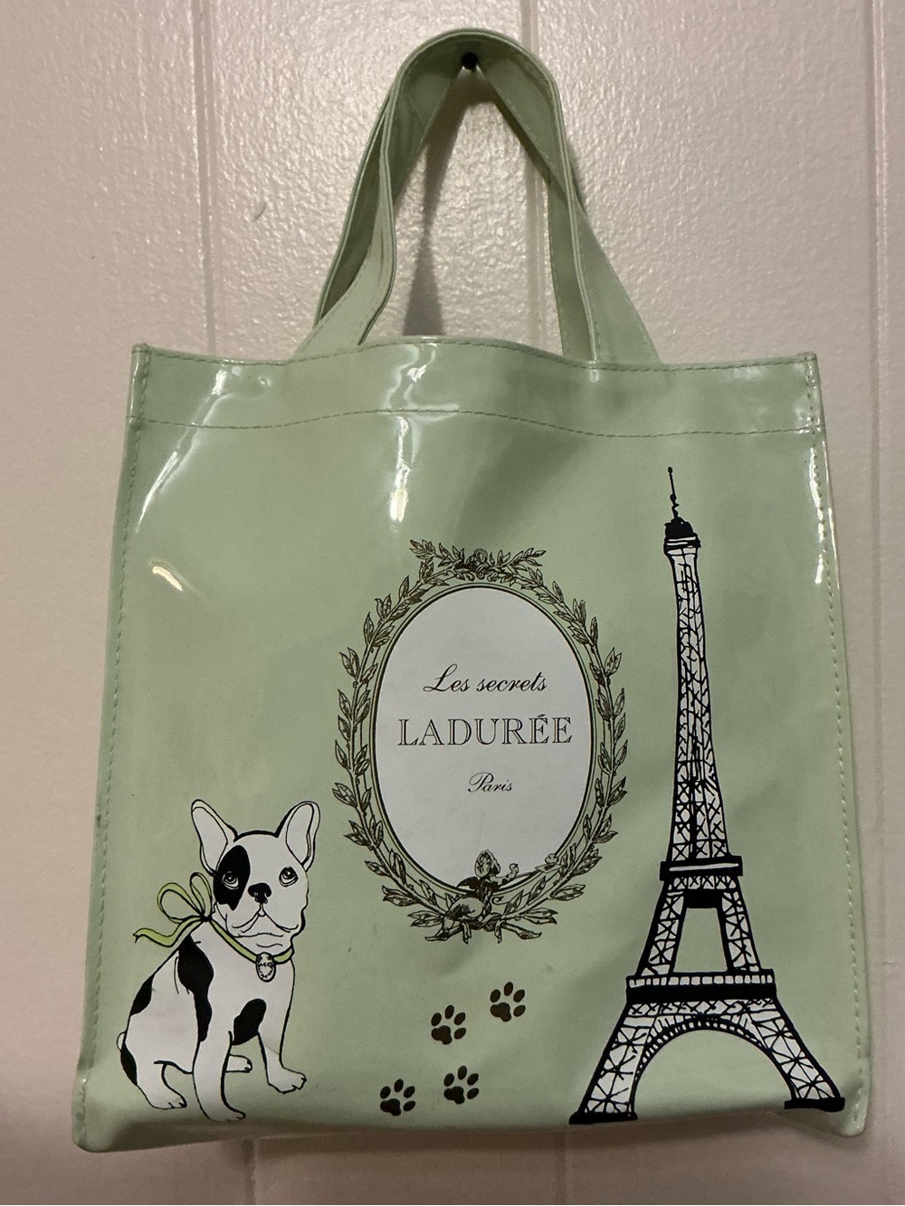 Rare Sold Out Ladurée "Les Secrets" French Bulldog and Eiffel Tower PVC tote bag